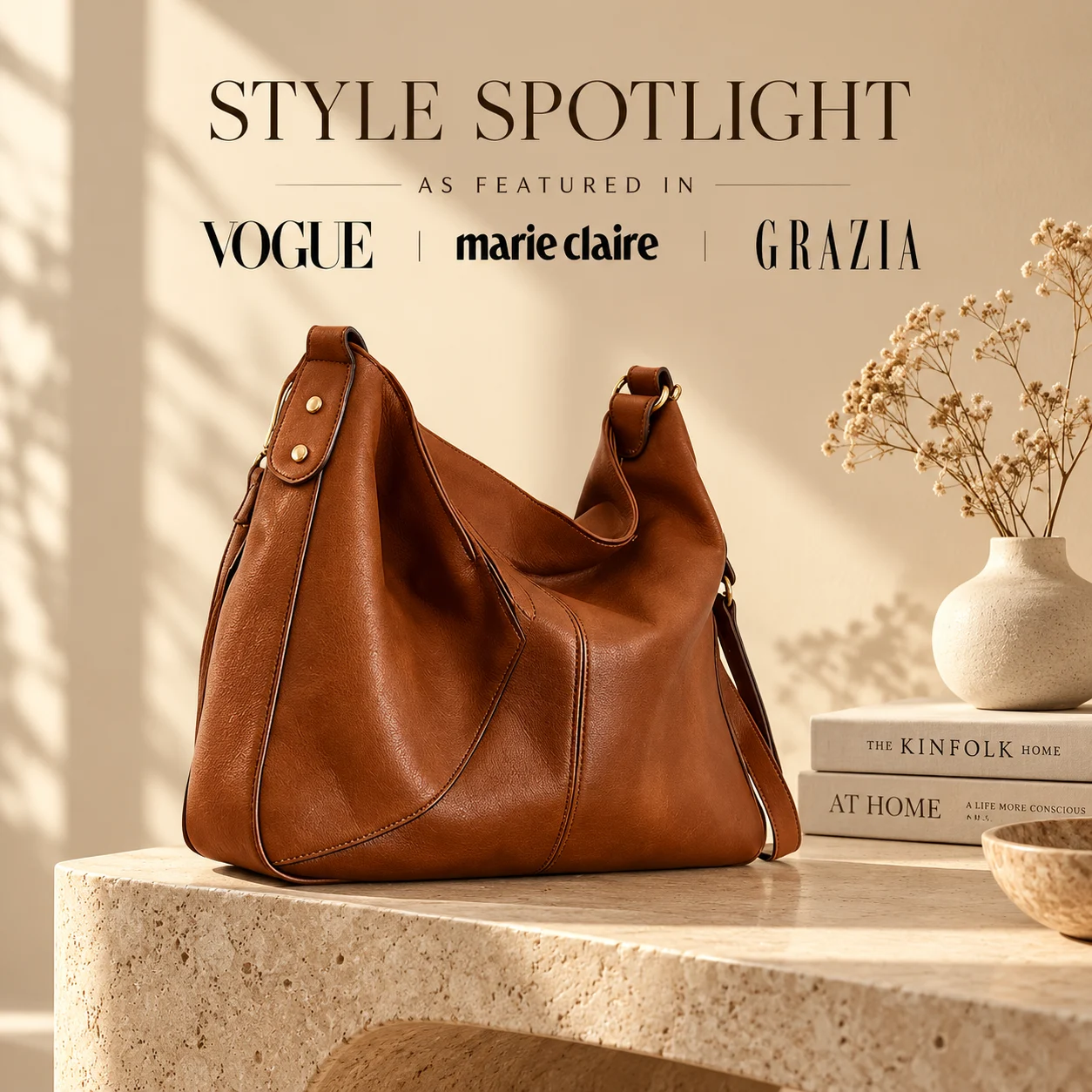 Close-up of the brown hobo handbag and its design details